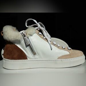 J/Slides Leslie Fur Trim Zip Mid Top Sneakers White Tan Women Size 8